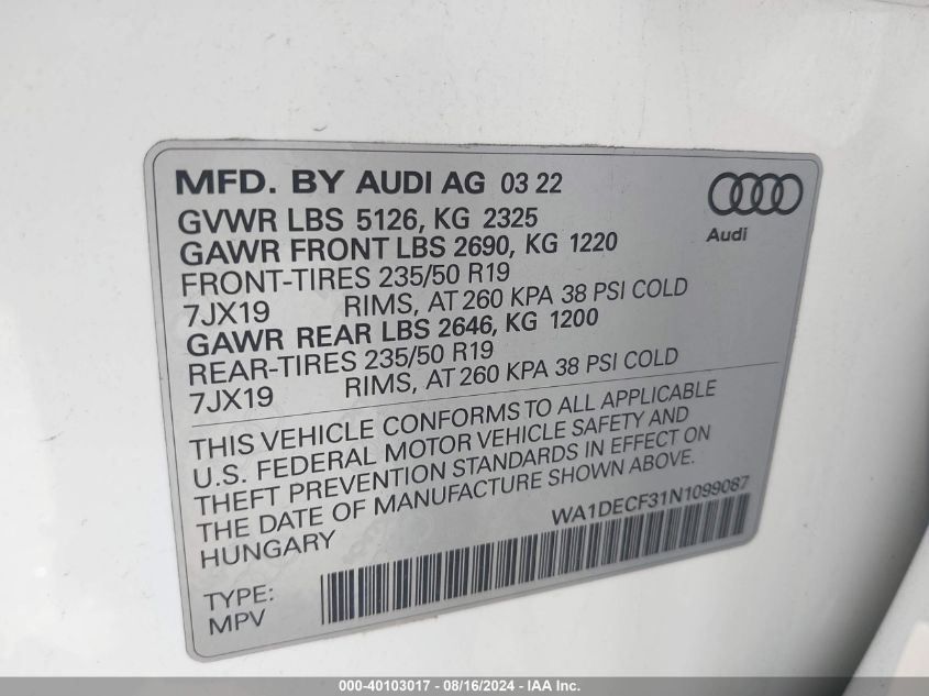 2022 Audi Q3 Premium 45 Tfsi S Line Quattro Tiptronic VIN: WA1DECF31N1099087 Lot: 40103017