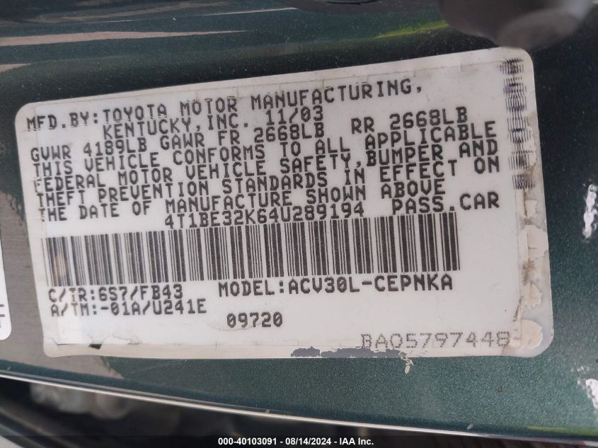 2004 Toyota Camry Le VIN: 4T1BE32K64U289194 Lot: 40103091