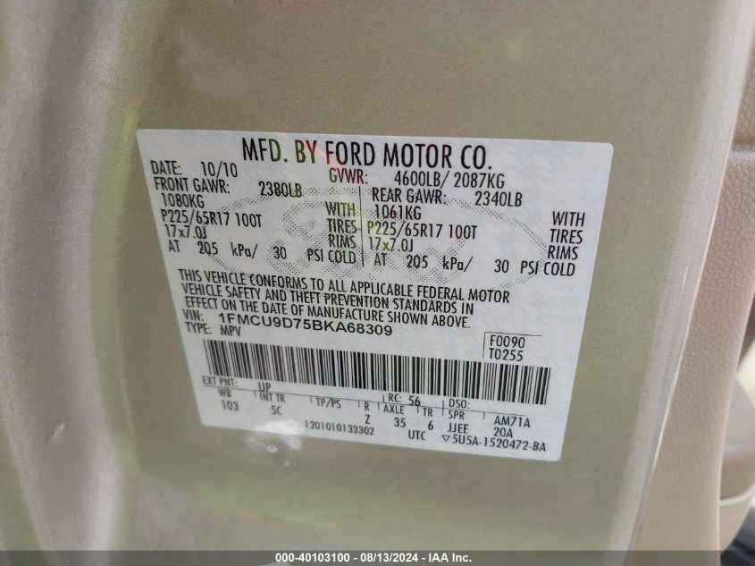 2011 Ford Escape Xlt VIN: 1FMCU9D75BKA68309 Lot: 40103100