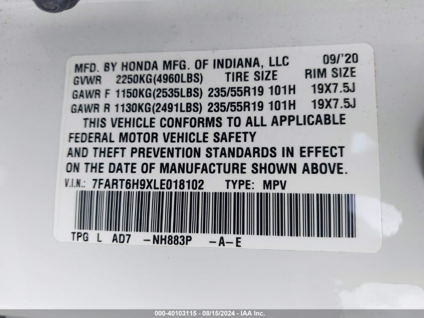 2020 Honda Cr-V Hybrid Touring VIN: 7FART6H9XLE018102 Lot: 40103115