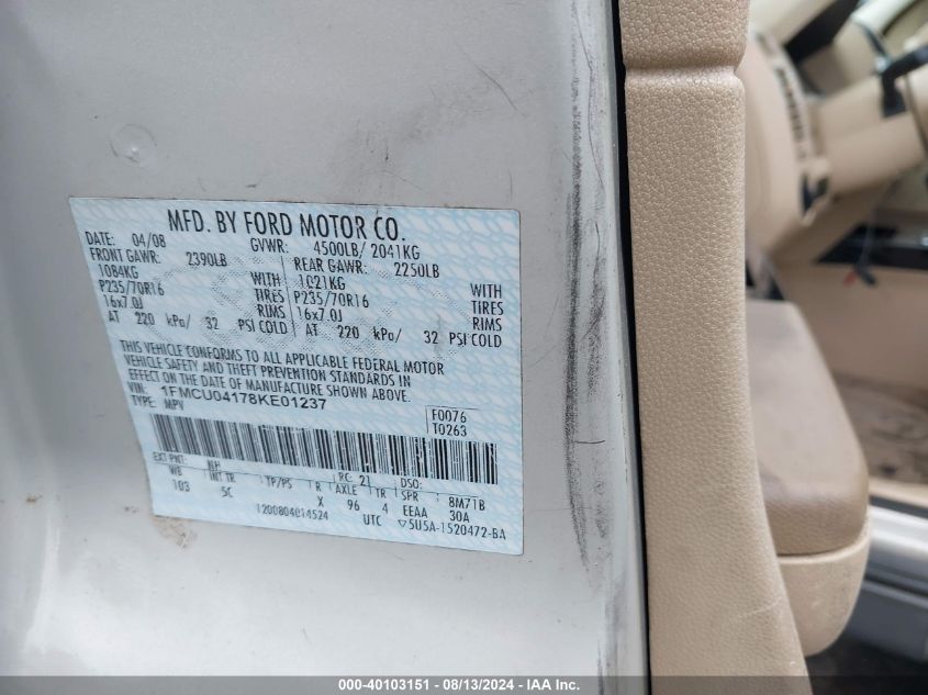 2008 Ford Escape Limited VIN: 1FMCU04178KE01237 Lot: 40103151