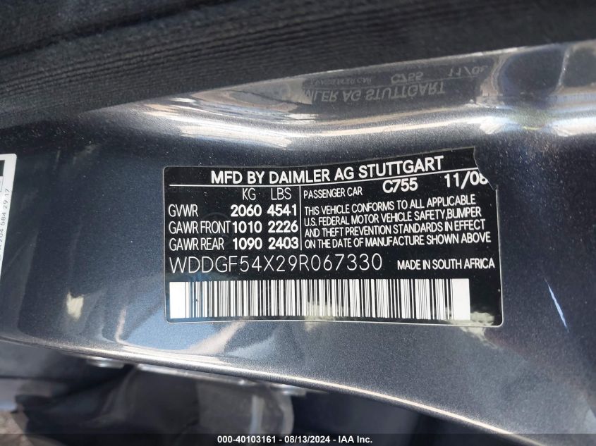 2009 Mercedes-Benz C 300 Luxury/Sport VIN: WDDGF54X29R067330 Lot: 40103161