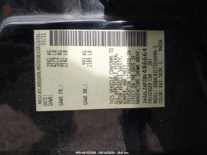 2011 Nissan Altima 2.5 S VIN: 1N4AL2AP2BN486664 Lot: 40103206