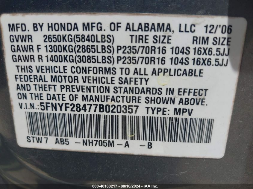 2007 Honda Pilot Ex VIN: 5FNYF28477B020357 Lot: 40103217