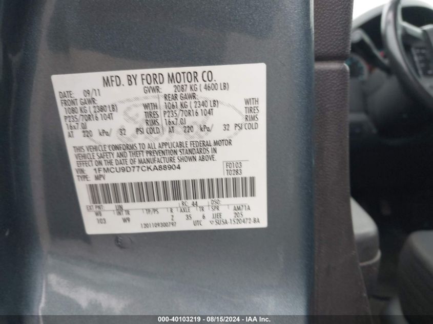 2012 Ford Escape Xlt VIN: 1FMCU9D77CKA88904 Lot: 40103219