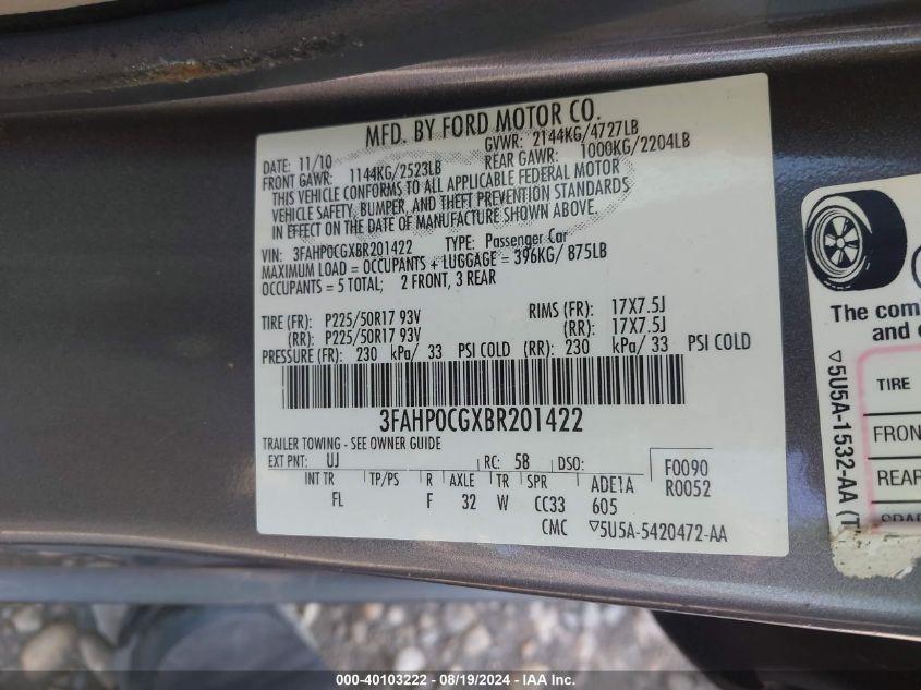 2011 Ford Fusion Sel VIN: 3FAHP0CGXBR201422 Lot: 40103222