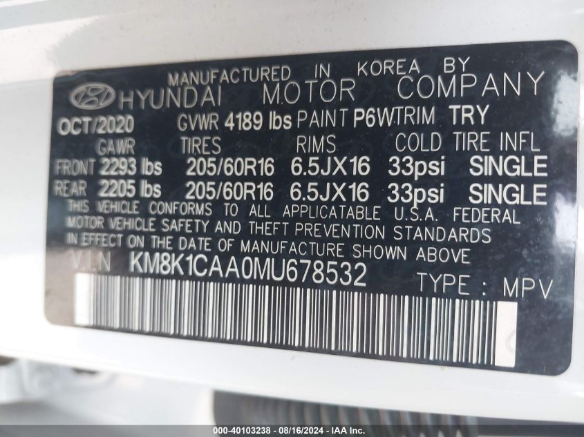 2021 Hyundai Kona Se VIN: KM8K1CAA0MU678532 Lot: 40103238