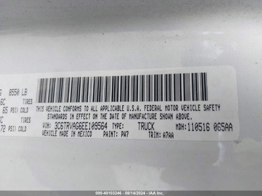 2014 Ram Promaster 1500 Low Roof VIN: 3C6TRVAG6EE109564 Lot: 40103246