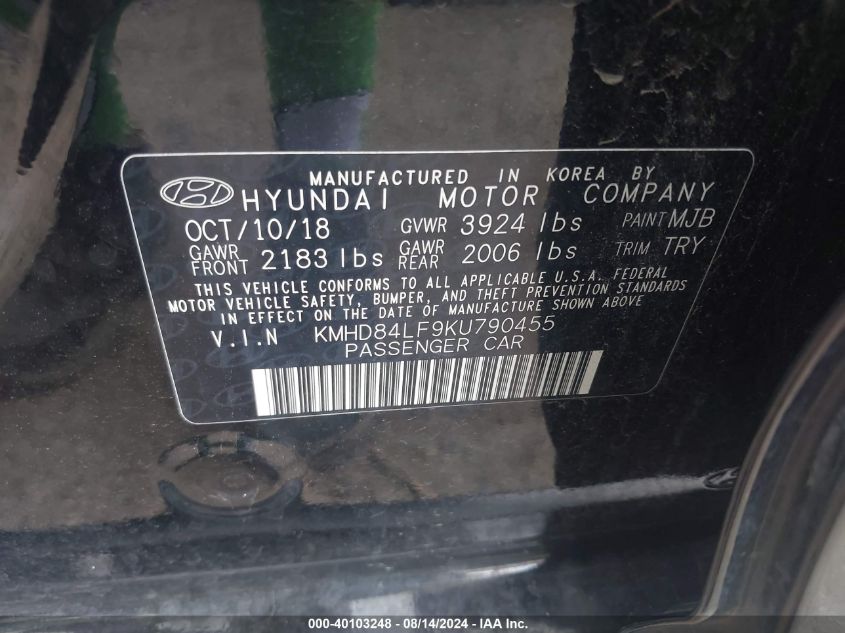 2019 Hyundai Elantra Limited VIN: KMHD84LF9KU790455 Lot: 40103248