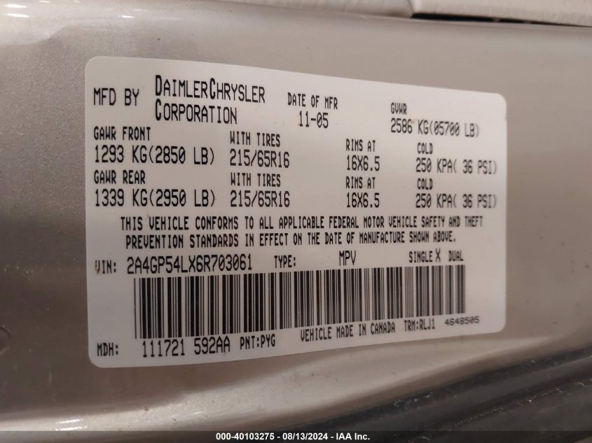 2006 Chrysler Town & Country Touring VIN: 2A4GP54LX6R703061 Lot: 40103275