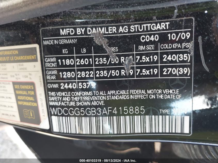 2010 Mercedes-Benz Glk 350 350 VIN: WDCGG5GB3AF415885 Lot: 40103319