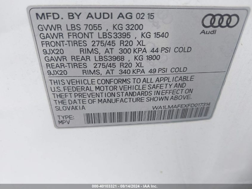 2015 Audi Q7 3.0 Tdi Premium VIN: WA1LMAFEXFD017314 Lot: 40103321