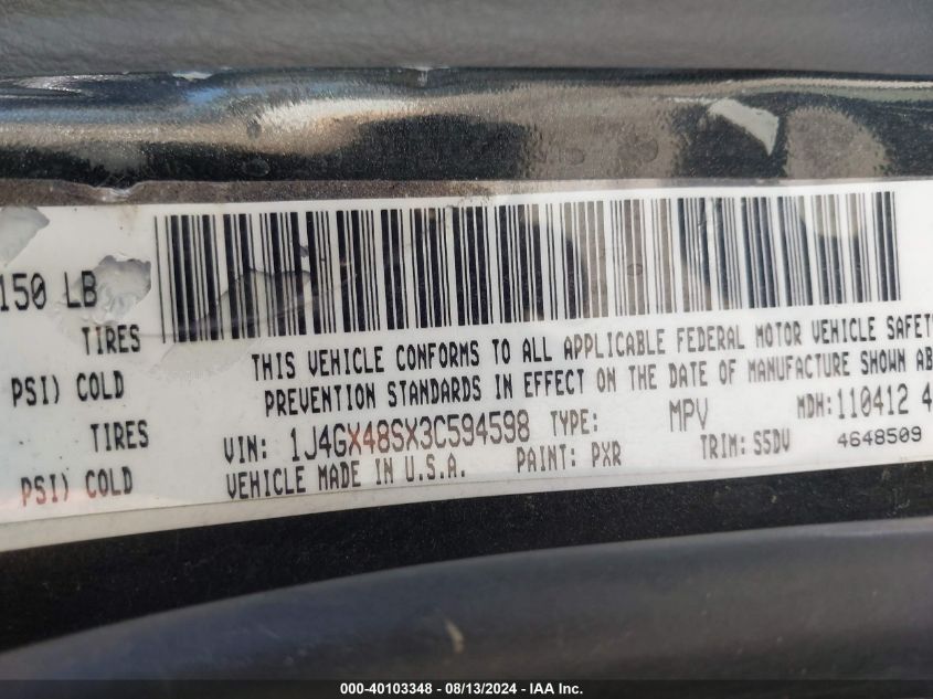 2003 Jeep Grand Cherokee Laredo VIN: 1J4GX48SX3C594598 Lot: 40103348