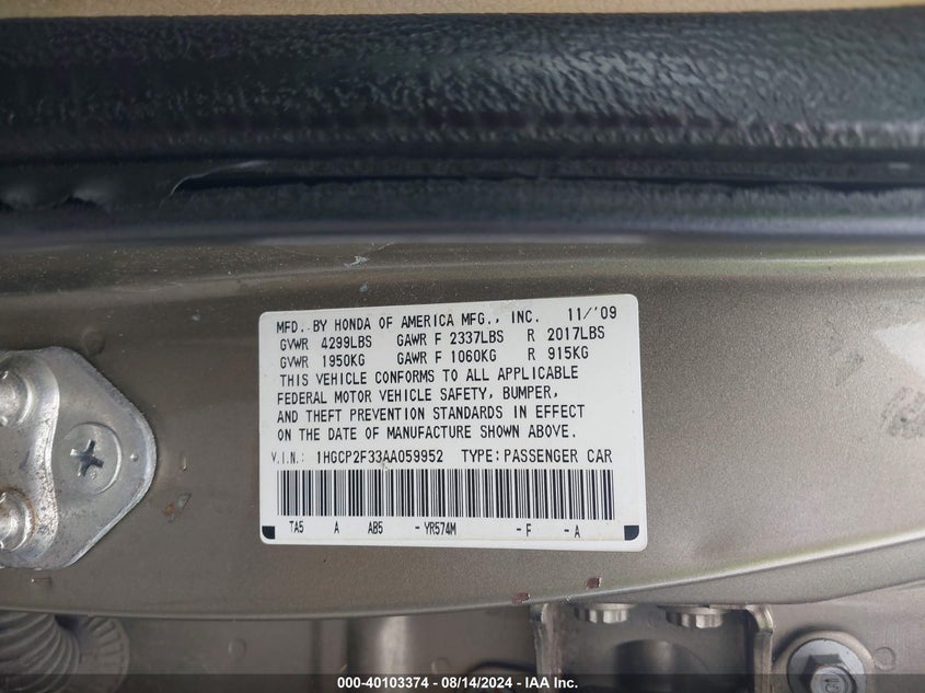 2010 Honda Accord 2.4 Lx VIN: 1HGCP2F33AA059952 Lot: 40103374