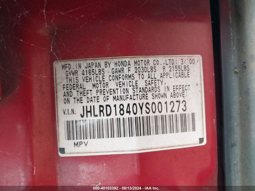 2000 Honda Cr-V Lx VIN: JHLRD1840YS001273 Lot: 40103392