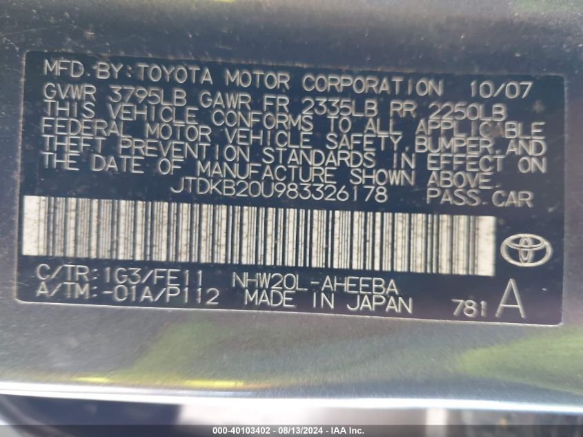 2008 Toyota Prius VIN: JTDKB20U983326178 Lot: 40103402