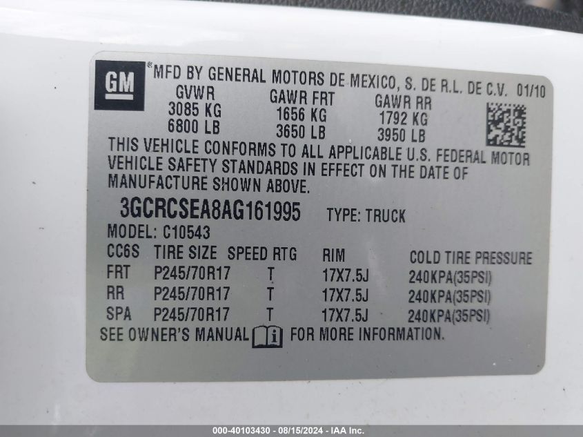 2010 Chevrolet Silverado 1500 Lt VIN: 3GCRCSEA8AG161995 Lot: 40103430