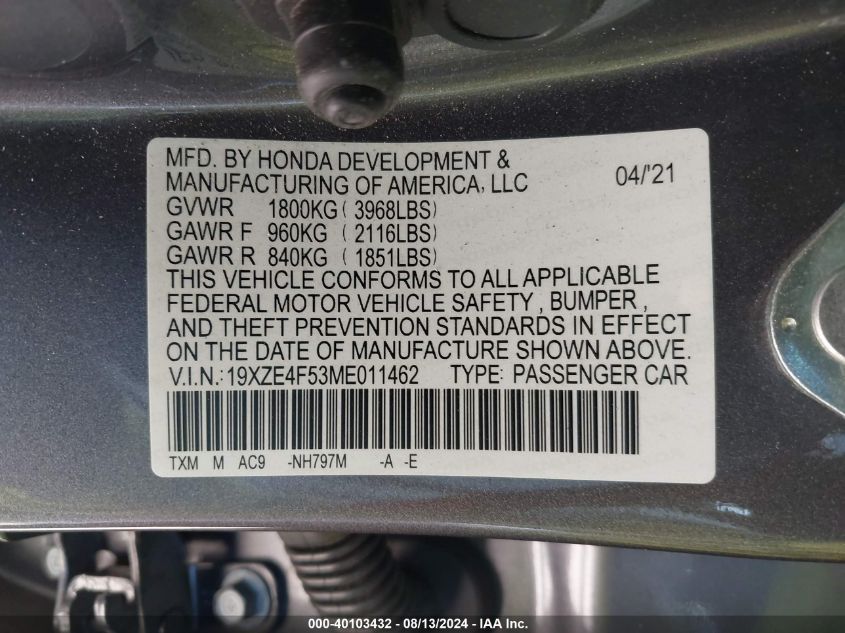 19XZE4F53ME011462 2021 Honda Insight Ex