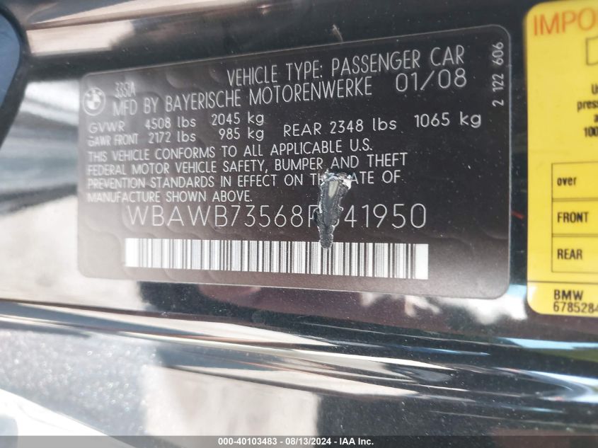 2008 BMW 335I VIN: WBAWB73568P041950 Lot: 40103483