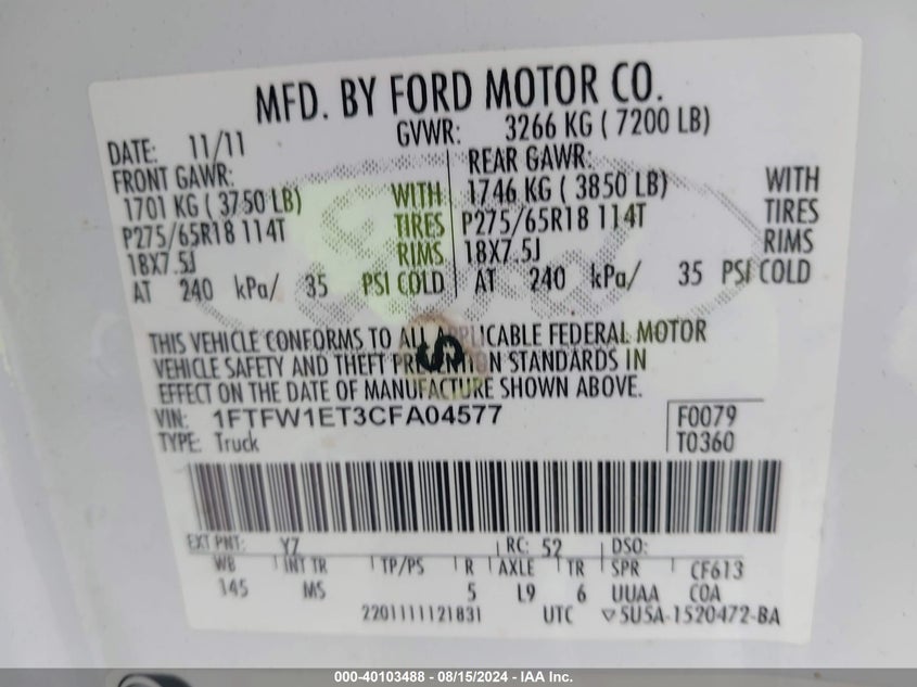 2012 Ford F-150 Xlt VIN: 1FTFW1ET3CFA04577 Lot: 40103488