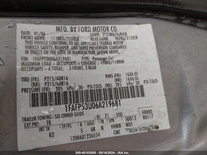 1FAFP53U06A219681 2006 Ford Taurus Se