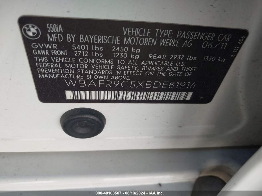 2011 BMW 550I I VIN: WBAFR9C5XBDE81916 Lot: 40103507