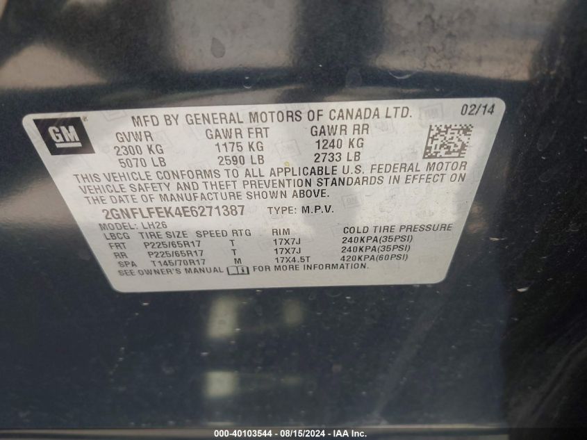 2GNFLFEK4E6271387 2014 Chevrolet Equinox 1Lt