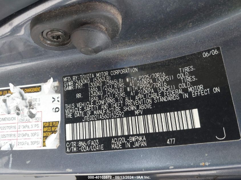 2006 Toyota Highlander VIN: JTEGD21A560152592 Lot: 40103572