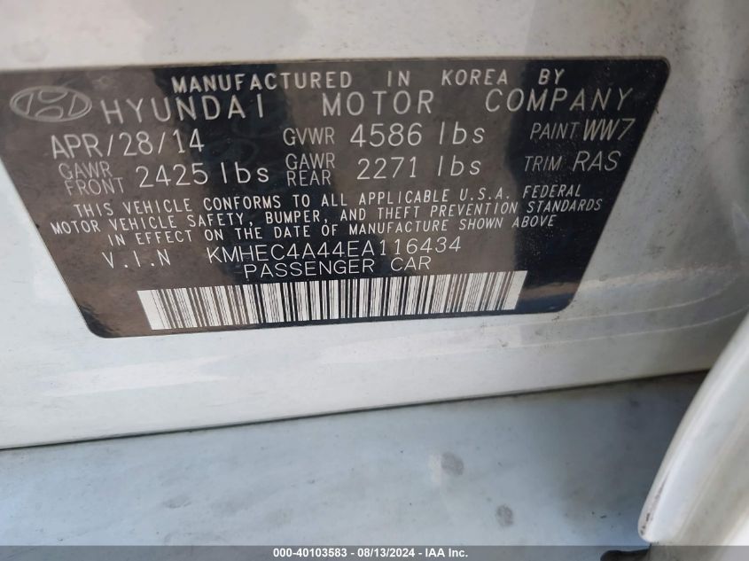 2014 Hyundai Sonata Hybrid VIN: KMHEC4A44EA116434 Lot: 40103583