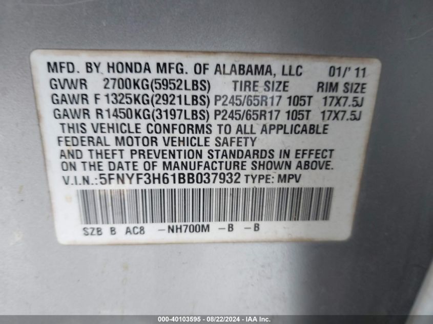 2011 Honda Pilot Ex-L VIN: 5FNYF3H61BB037932 Lot: 40103595