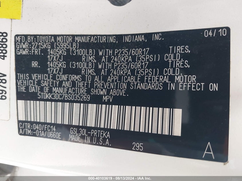 2011 Toyota Sienna Le V6 VIN: 5TDKK3DC7BS035269 Lot: 40103619