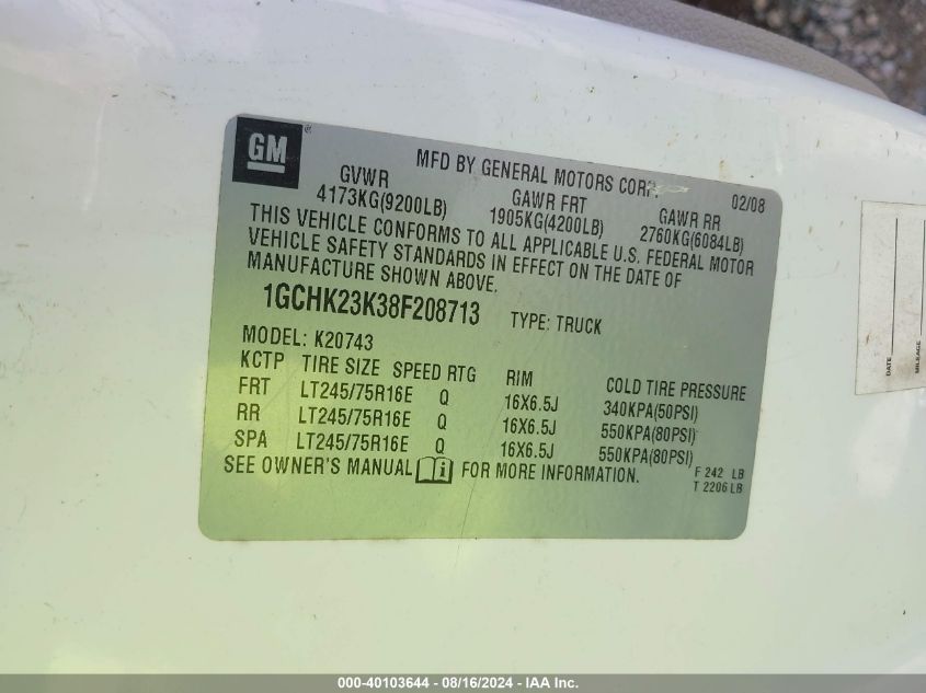 2008 Chevrolet Silverado 2500Hd Work Truck VIN: 1GCHK23K38F208713 Lot: 40103644