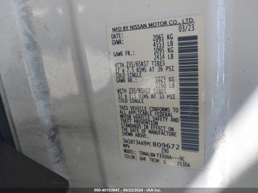 VIN 5N1BT3AA9PC809672 2023 NISSAN ROGUE S FWD