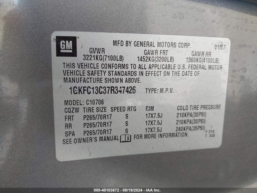 2007 GMC Yukon Commercial Fleet VIN: 1GKFC13C37R347426 Lot: 40103672