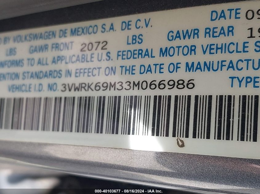 2003 Volkswagen Jetta Gl VIN: 3VWRK69M33M066986 Lot: 40103677