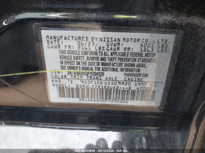 2023 Nissan Sentra Sr Xtronic Cvt VIN: 3N1AB8DV0PY294506 Lot: 40103699