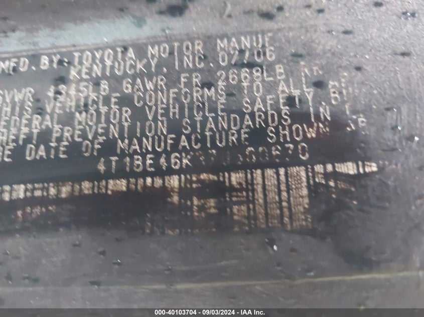 2007 Toyota Camry Ce/Le/Xle/Se VIN: 4T1BE46K37U560670 Lot: 40103704