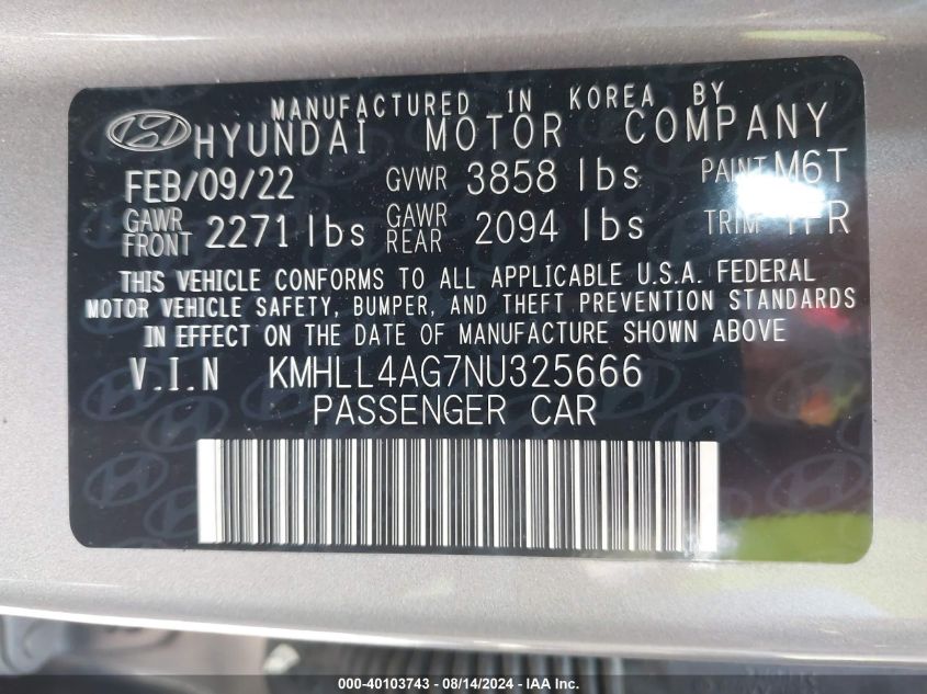 2022 Hyundai Elantra Se VIN: KMHLL4AG7NU325666 Lot: 40103743