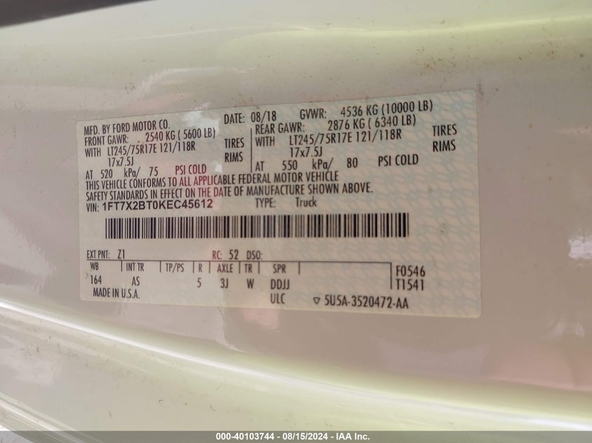 2019 Ford F250 Super Duty VIN: 1FT7X2BT0KEC45612 Lot: 40103744