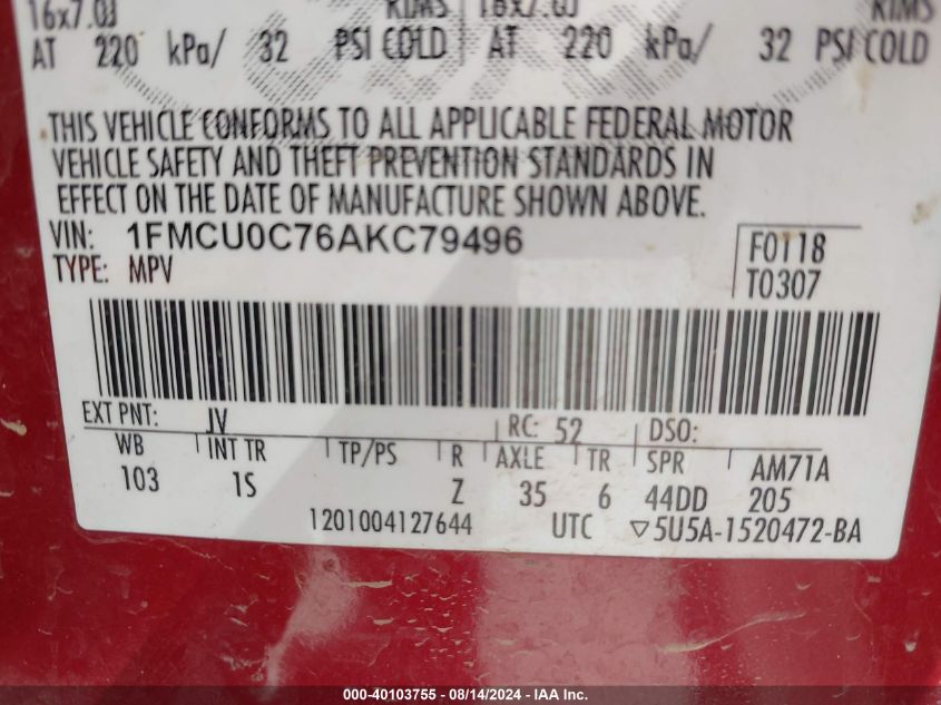 2010 Ford Escape Xls VIN: 1FMCU0C76AKC79496 Lot: 40103755