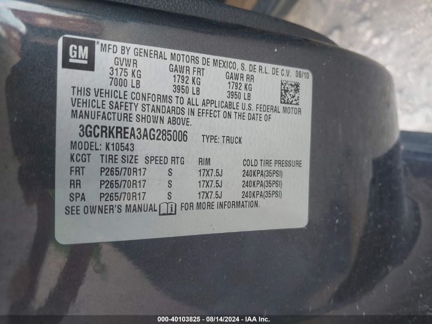 2010 Chevrolet Silverado 1500 Ls VIN: 3GCRKREA3AG285006 Lot: 40103825