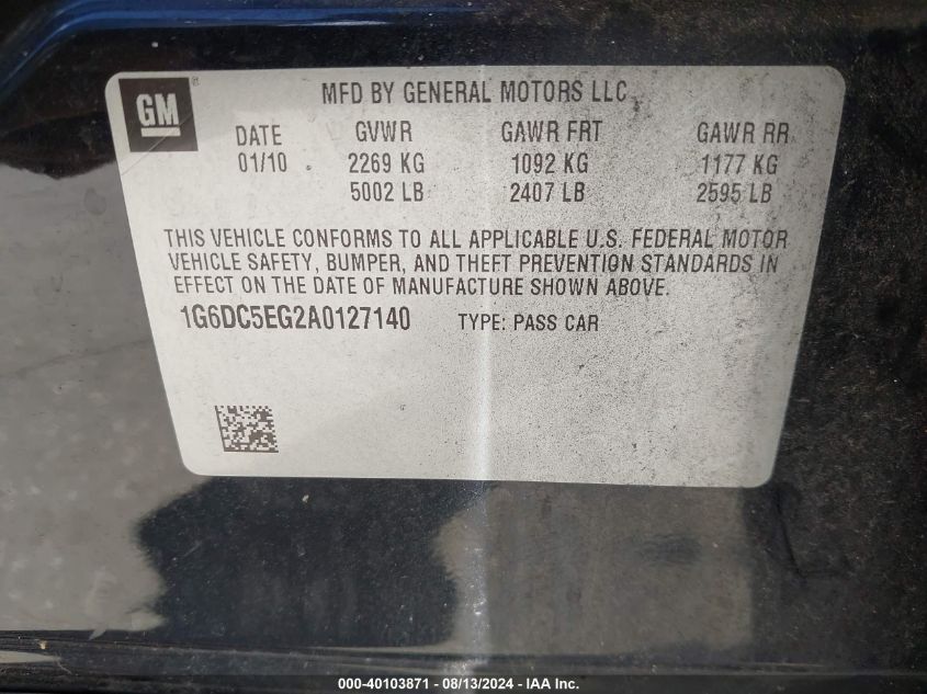 2010 Cadillac Cts Standard VIN: 1G6DC5EG2A0127140 Lot: 40103871
