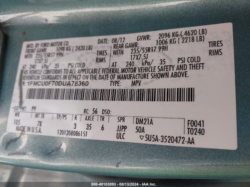 2013 Ford Escape S VIN: 1FMCU0F70DUA78360 Lot: 40103893