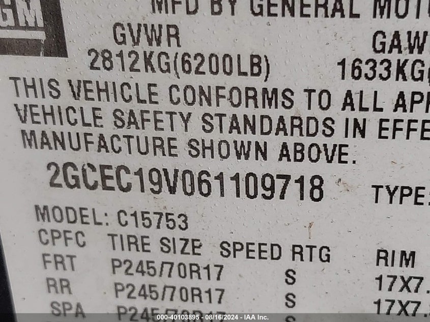 2006 Chevrolet Silverado 1500 Lt1 VIN: 2GCEC19V061109718 Lot: 40103895