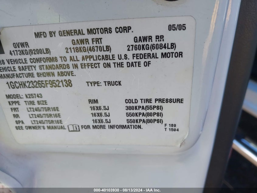 2005 Chevrolet Silverado 2500Hd Ls VIN: 1GCHK23265F952138 Lot: 40103930