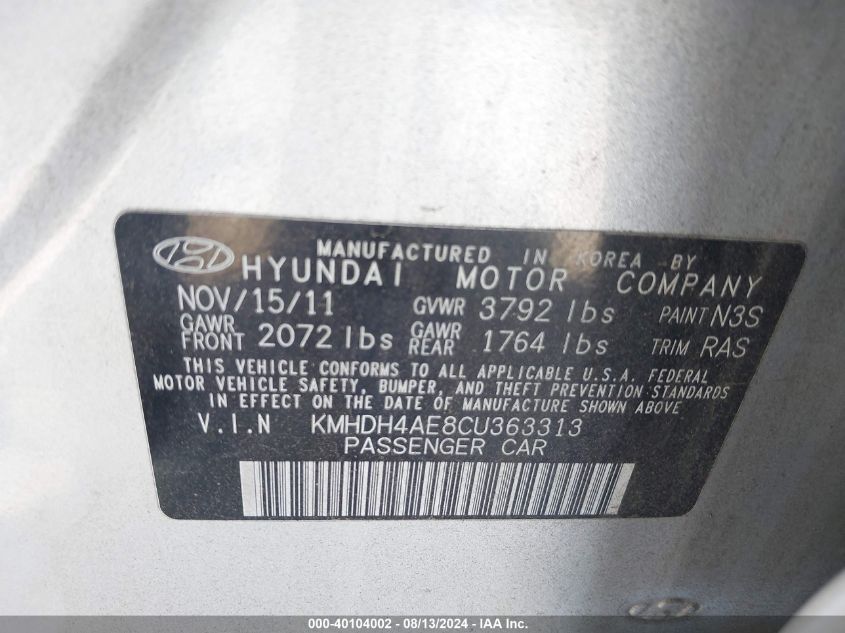 2012 Hyundai Elantra Gls (Ulsan Plant) VIN: KMHDH4AE8CU363313 Lot: 40104002