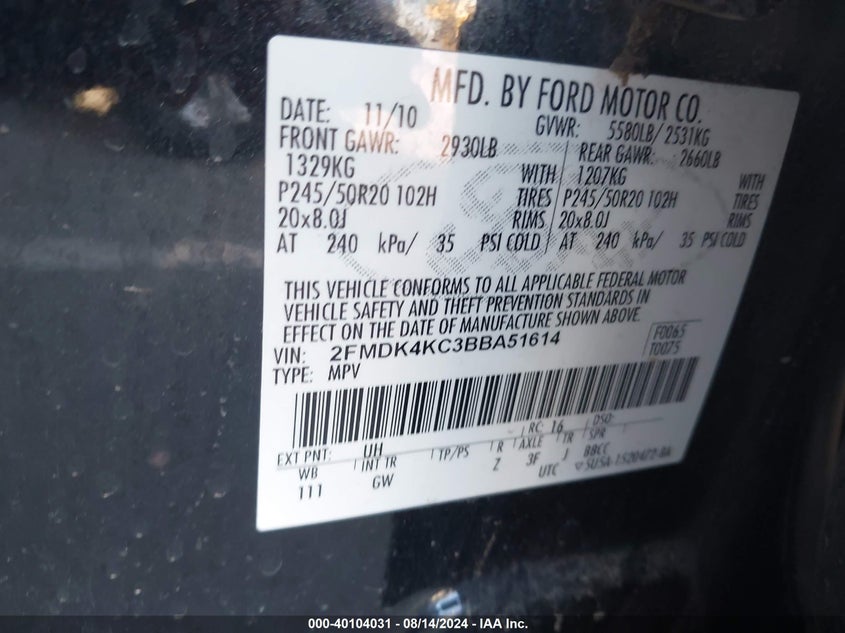 2011 Ford Edge Limited VIN: 2FMDK4KC3BBA51614 Lot: 40104031