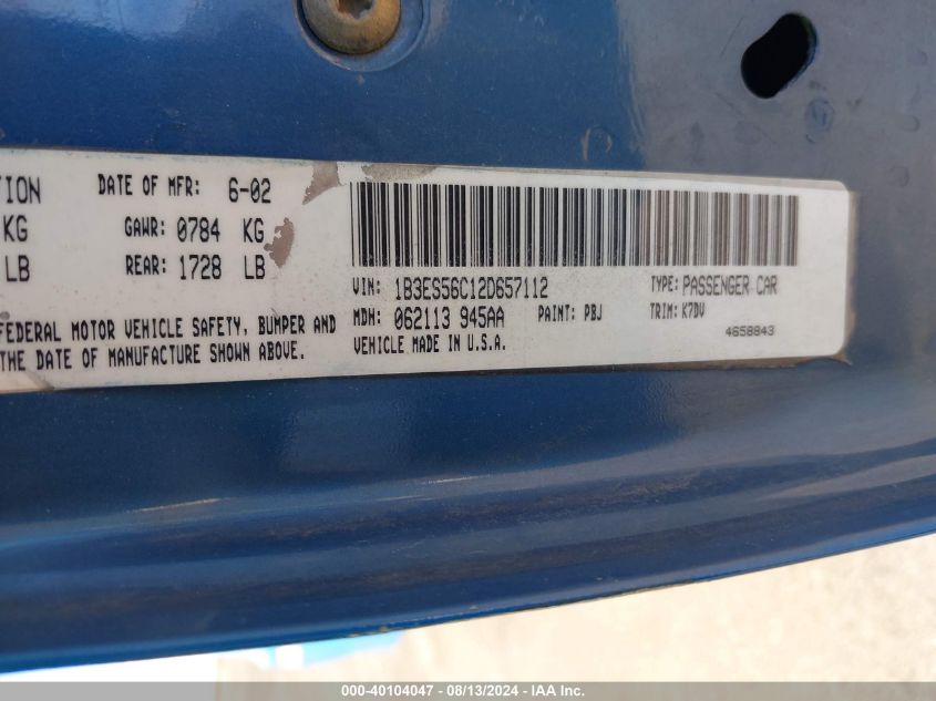 2002 Dodge Neon Sxt VIN: 1B3ES56C12D657112 Lot: 40104047