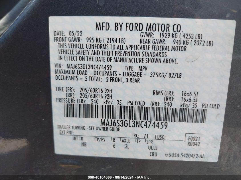 2022 Ford Ecosport Se VIN: MAJ6S3GL3NC474459 Lot: 40104066