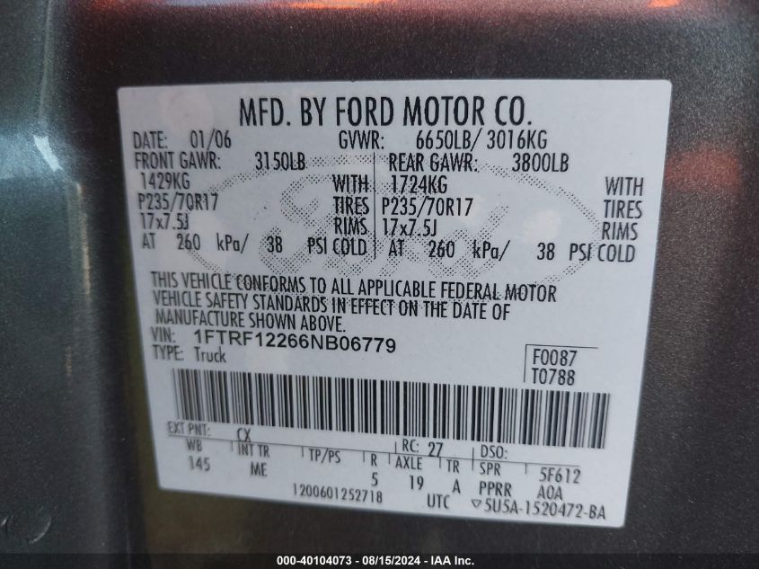 1FTRF12266NB06779 2006 Ford F-150 Xl/Stx/Xlt